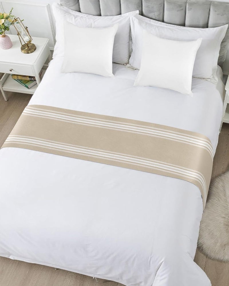 Ldtrchee Bed Runner for Cal.King Size Bed, Beige Striped Bed Scarf Throws for Foot of Bed, Farmhouse Luxurious White Stripes Modern Abstract Art Bedding Protector Bed Runners for Hotel/Home, 102 x 20 Inch - Image 5